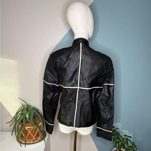 Y2K Black Leather Moto Jacket Cream Contrast Trim 2000s Fitted Biker M LaRue Ca - Picture 6 of 13